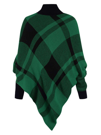 Grün 1950er Stehkragen Plaid Stricken Poncho Pullover