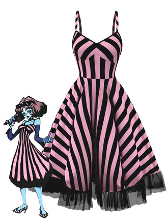 Schwarz & Rosa 1950er Beetlejuice Kostüm Streifen Fluoreszierend Spitze Kleid