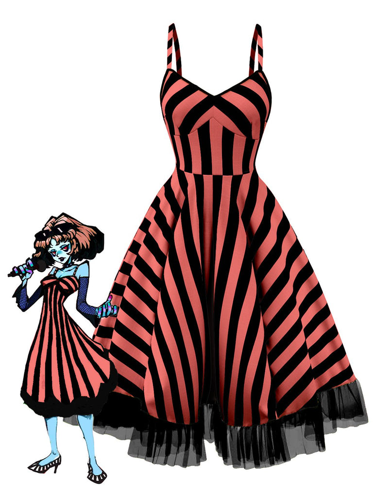 Schwarz & Weiß 1950er Beetlejuice Kostüm Streifen Fluoreszierend Grün Spitze Kleid
