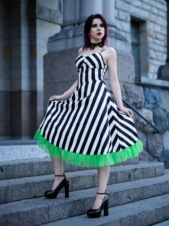 Schwarz & Weiß 1950er Beetlejuice Kostüm Streifen Fluoreszierend Grün Spitze Kleid