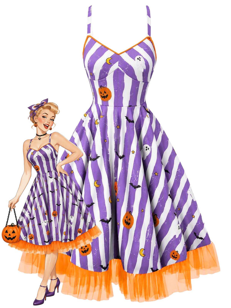 Schwarzes 50er Halloween-Swingkleid mit Kürbis-Print und Tüllsaum