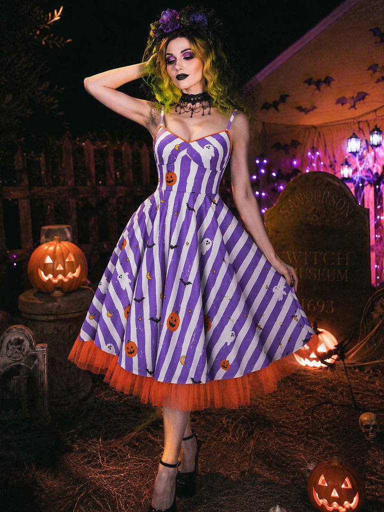 Schwarzes 50er Halloween-Swingkleid mit Kürbis-Print und Tüllsaum