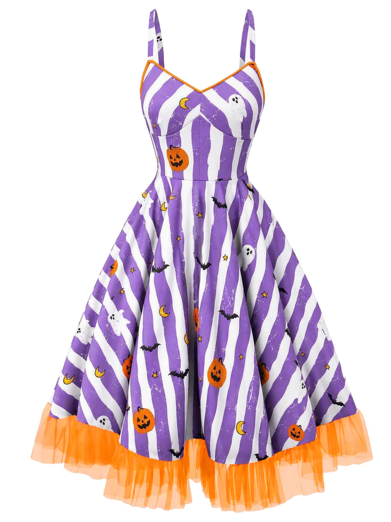 Lila Halloween-Swingkleid mit Streifen und Kürbisprint