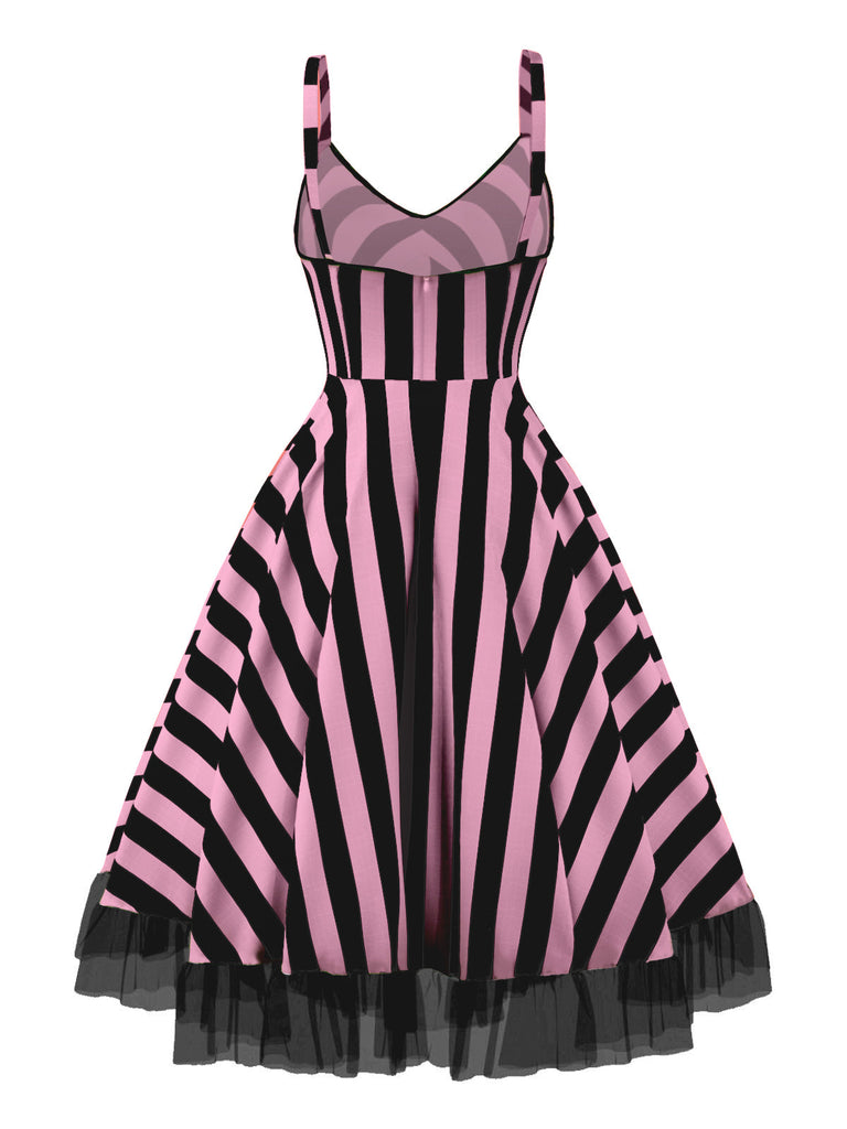 [Vorverkauf] Schwarz & Rosa 1950er Beetlejuice Kostüm Streifen Fluoreszierend Spitze Kleid