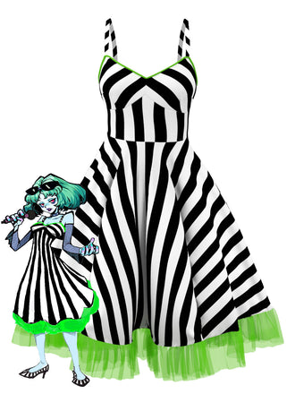 [Übergröße] Schwarz 1950er Beetlejuice Kostüm Streifen Fluoreszierend Spitze Kleid