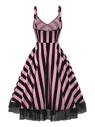 Schwarz & Rosa 1950er Beetlejuice Kostüm Streifen Fluoreszierend Spitze Kleid