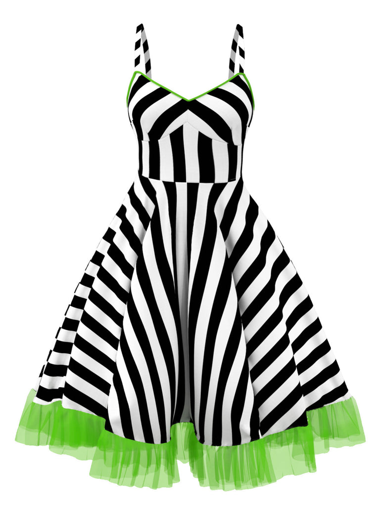 [Vorverkauf] [Übergröße] Schwarz 1950er Beetlejuice Kostüm Streifen Fluoreszierend Spitze Kleid