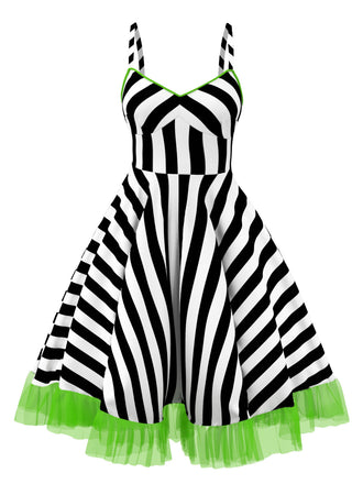 [Übergröße] Schwarz 1950er Beetlejuice Kostüm Streifen Fluoreszierend Spitze Kleid
