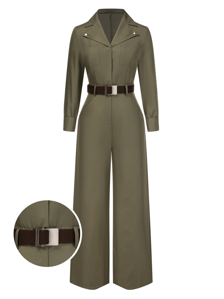 Grün 1930er Solide Revers Gürtel Jumpsuit