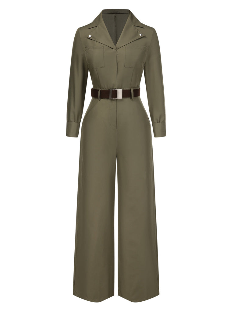 Grün 1930er Solide Revers Gürtel Jumpsuit