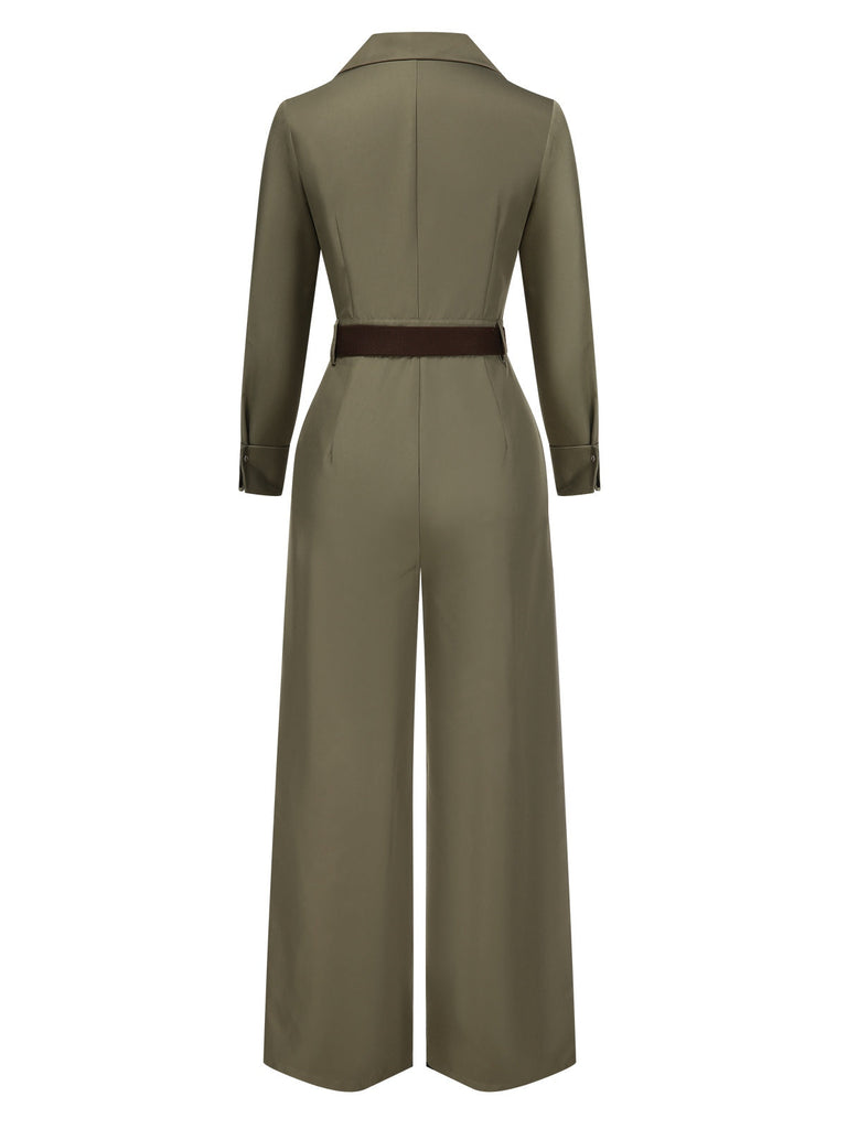 Grün 1930er Solide Revers Gürtel Jumpsuit