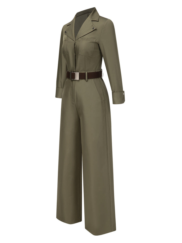 Grün 1930er Solide Revers Gürtel Jumpsuit
