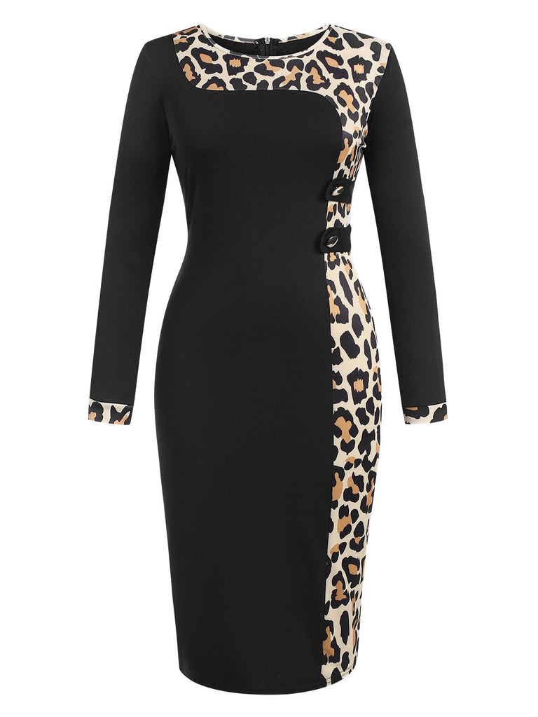 Schwarz 1960er Leopard Patchwork Bleistiftkleid