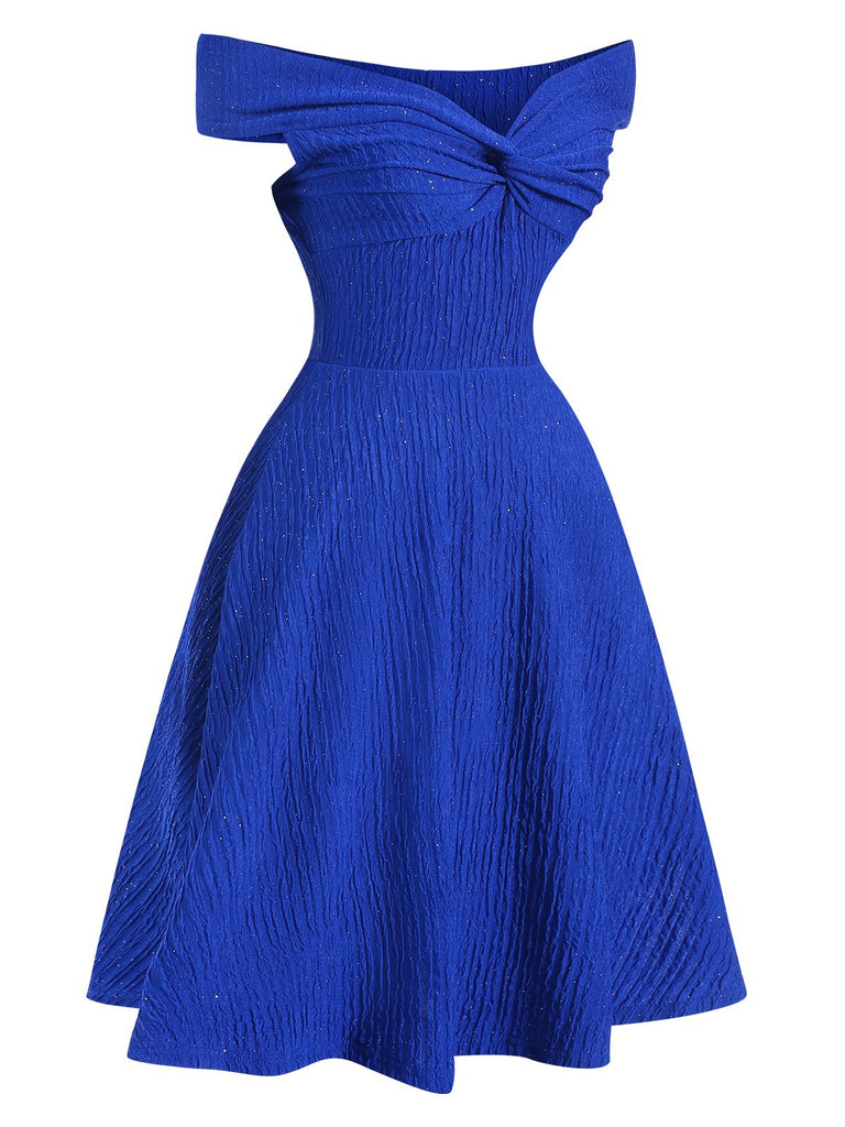 Blau 1950er Solide Schulterfrei Kleid