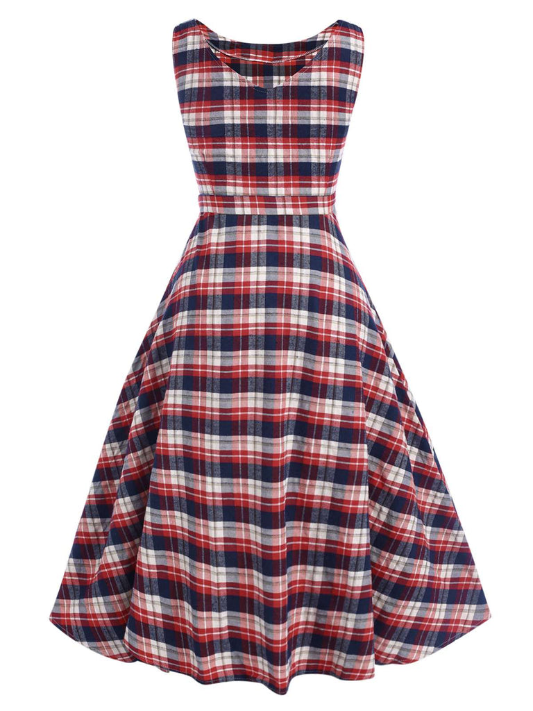 1950er Ärmellos Plaid Gürtel Swing Kleid