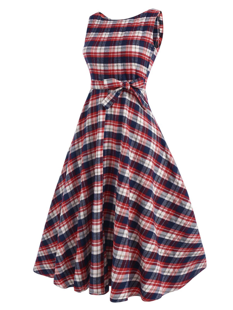 1950er Ärmellos Plaid Gürtel Swing Kleid