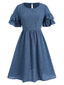 Blau 1940er Lagen Rüschenärmel A-Linie Kleid