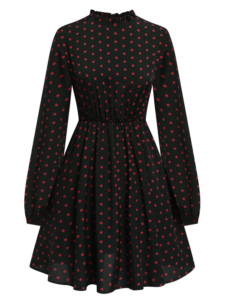 Schwarz 1950er Polka Dots Lange Ärmel Kleid