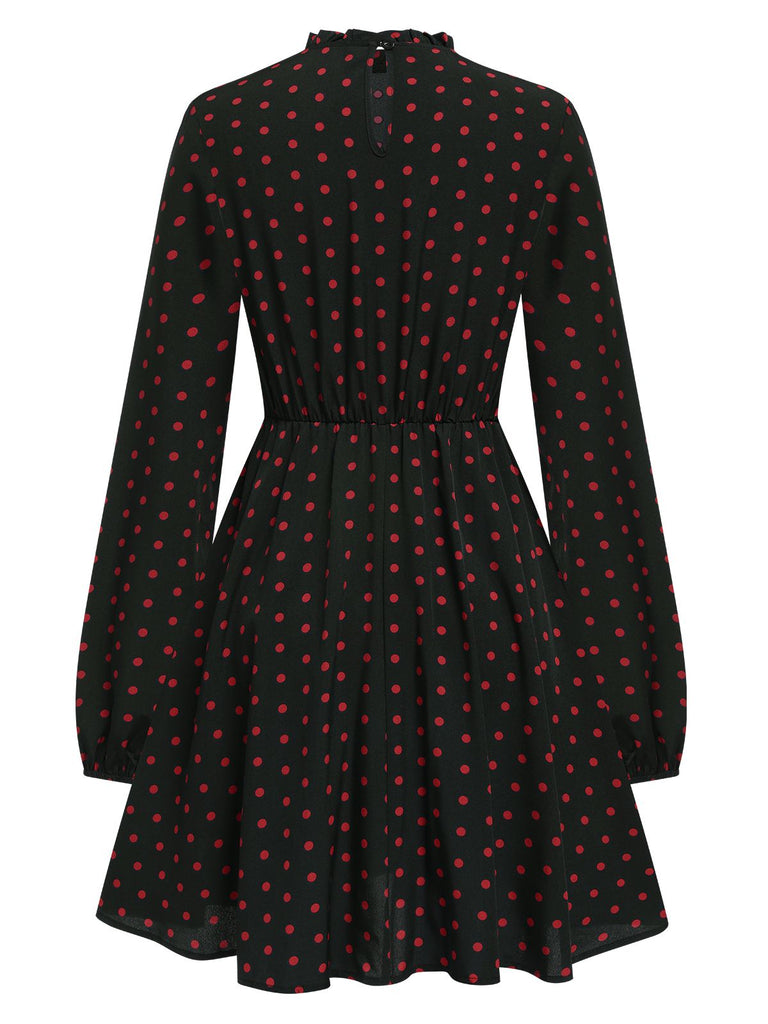 Schwarz 1950er Polka Dots Lange Ärmel Kleid