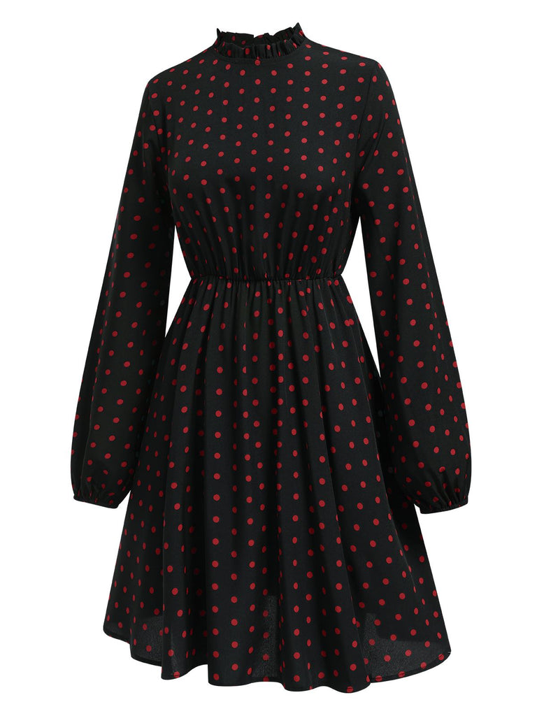 Schwarz 1950er Polka Dots Lange Ärmel Kleid