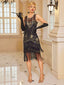 Schwarz 1920er Blumenmuster Masche Pailletten Quaste Kleid