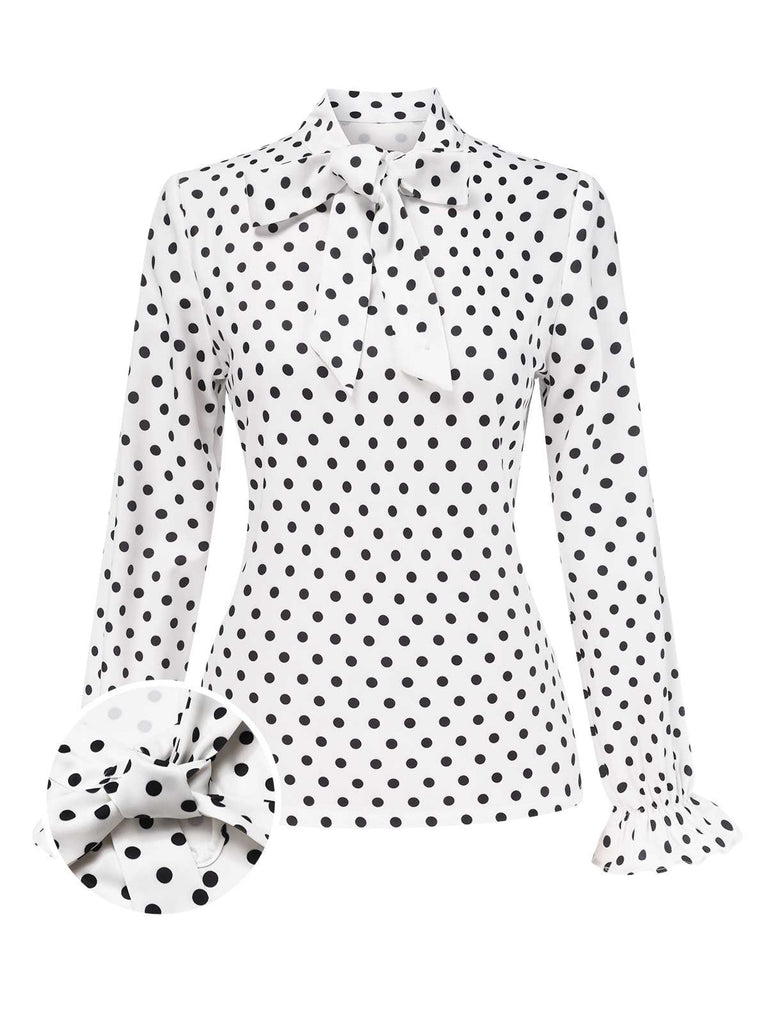 [Vorverkauf] Weiß 1950er Krawattenhals Polka Dots Bluse