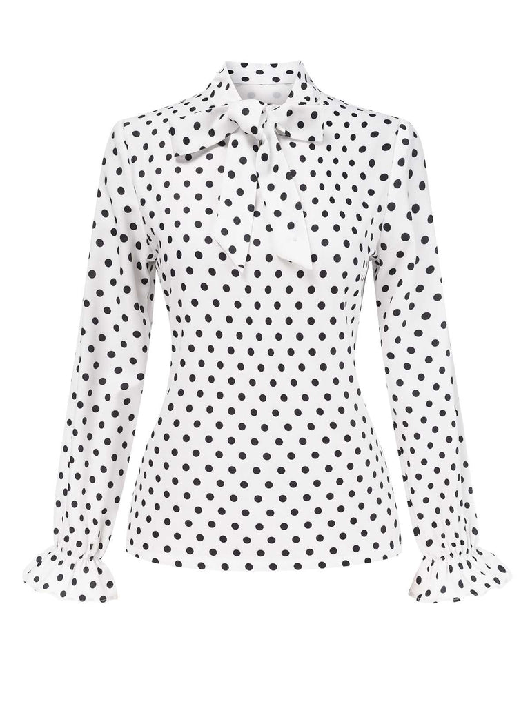 [Vorverkauf] Weiß 1950er Krawattenhals Polka Dots Bluse