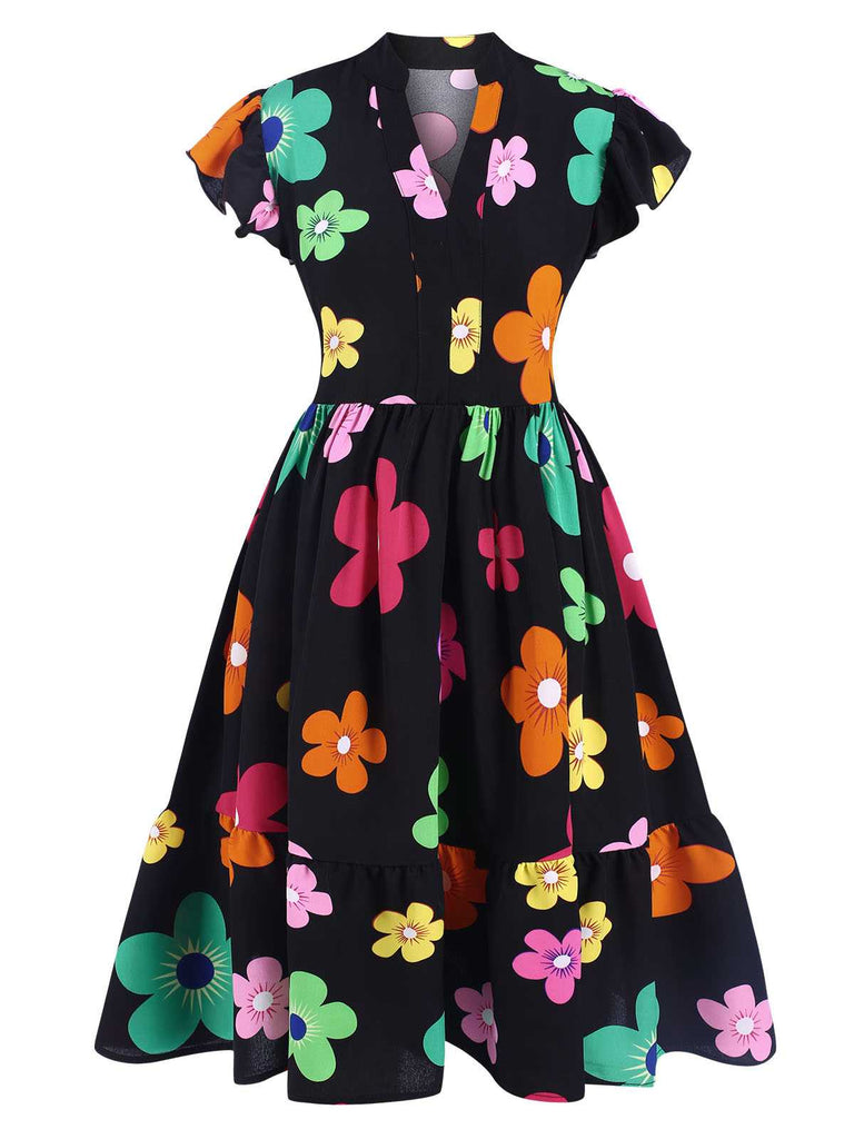 Schwarz 1940er V-Ausschnitt Bunt Blumen Kleid