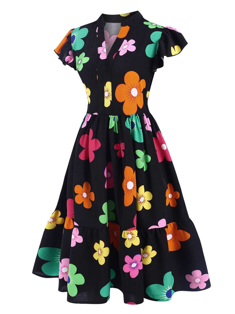 Schwarz 1940er V-Ausschnitt Bunt Blumen Kleid