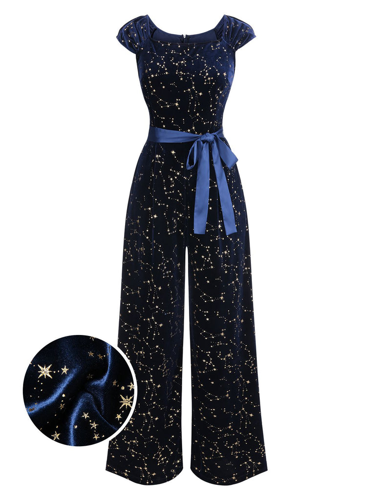 [Vorverkauf] Blau 1930er Sterne Samt Gürtel Jumpsuit