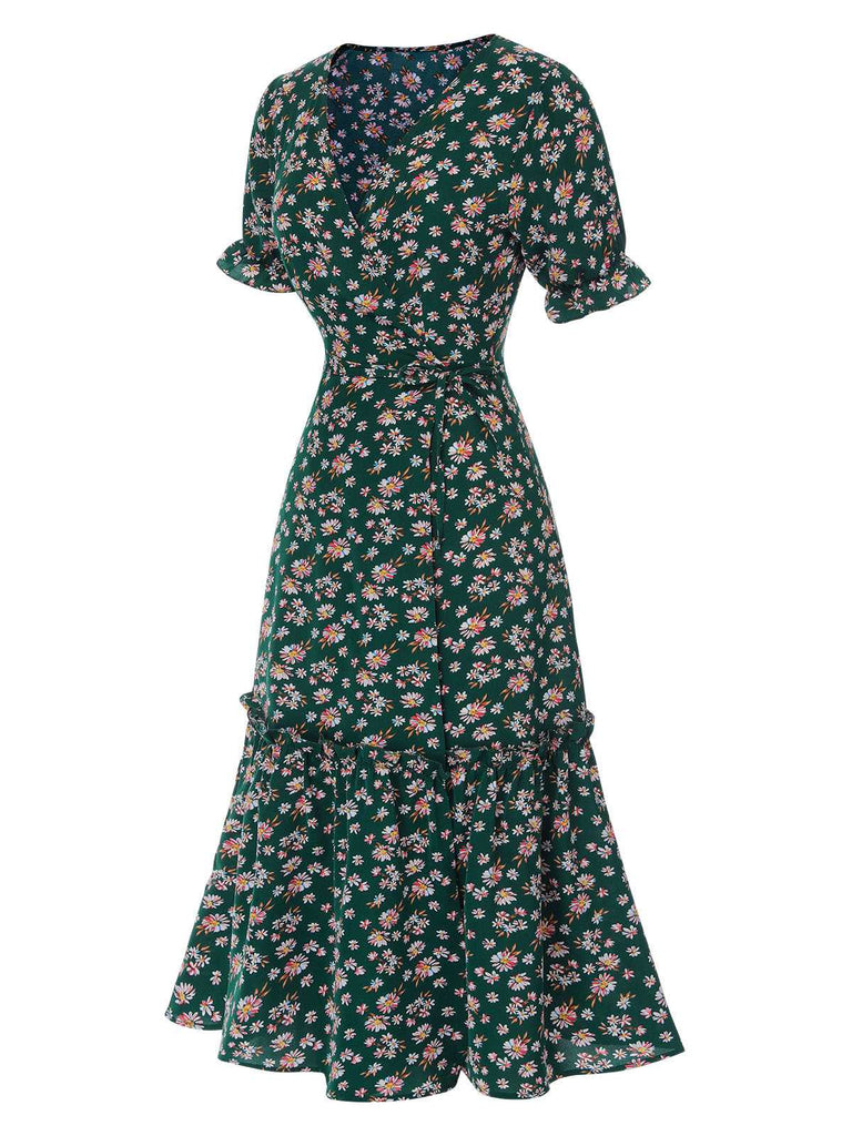 1930er Gänseblümchen Überkreuztes V-Ausschnitt Gürtel Kleid