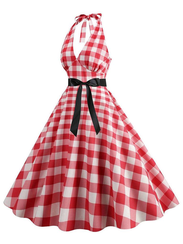 Rot 1950er Gingham Plaid Halter Swing Kleid