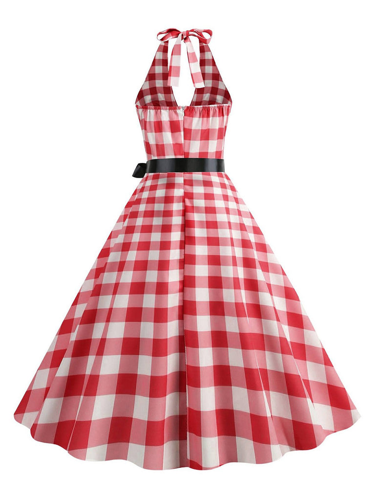 Rot 1950er Gingham Plaid Halter Swing Kleid