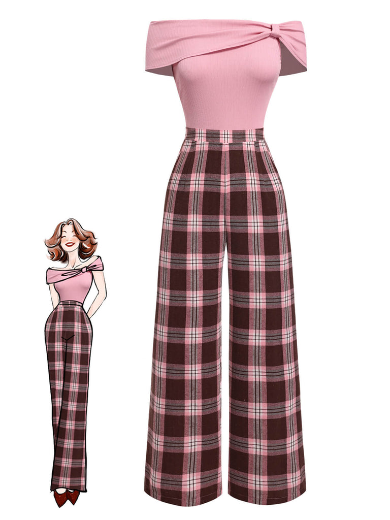 [Vorverkauf] Rosa 1930er Schulterfrei Plaids Jumpsuit