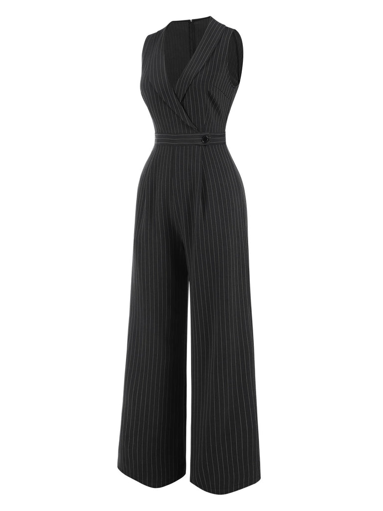 [Vorverkauf] Grau 1940er Streifen Ärmellos Revers Jumpsuit