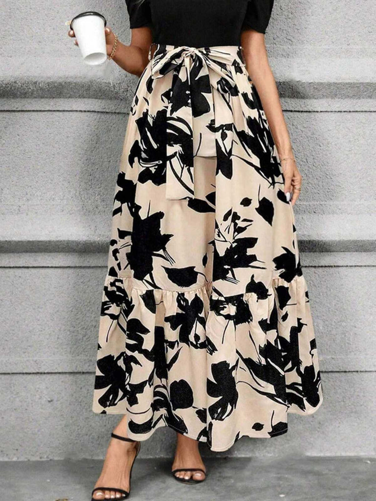Beige 1930er Blumen Silhouette A-Line Rock