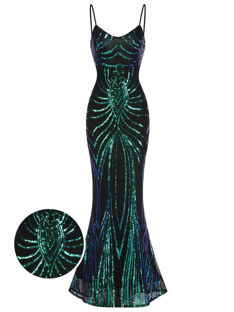 1930er Schnürung Rückenfrei Pailletten Maxi Kleid