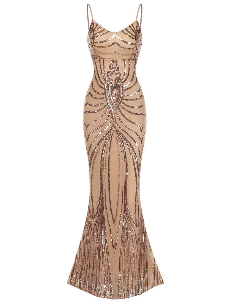 1930er Schnürung Rückenfrei Pailletten Maxi Kleid