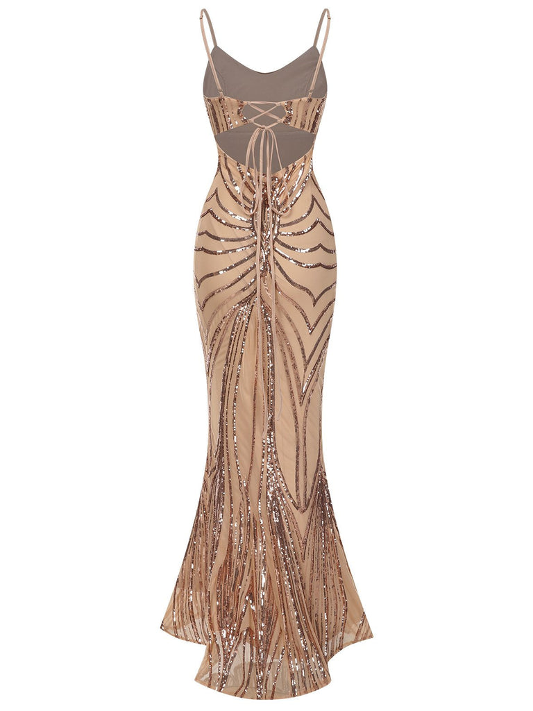 1930er Schnürung Rückenfrei Pailletten Maxi Kleid