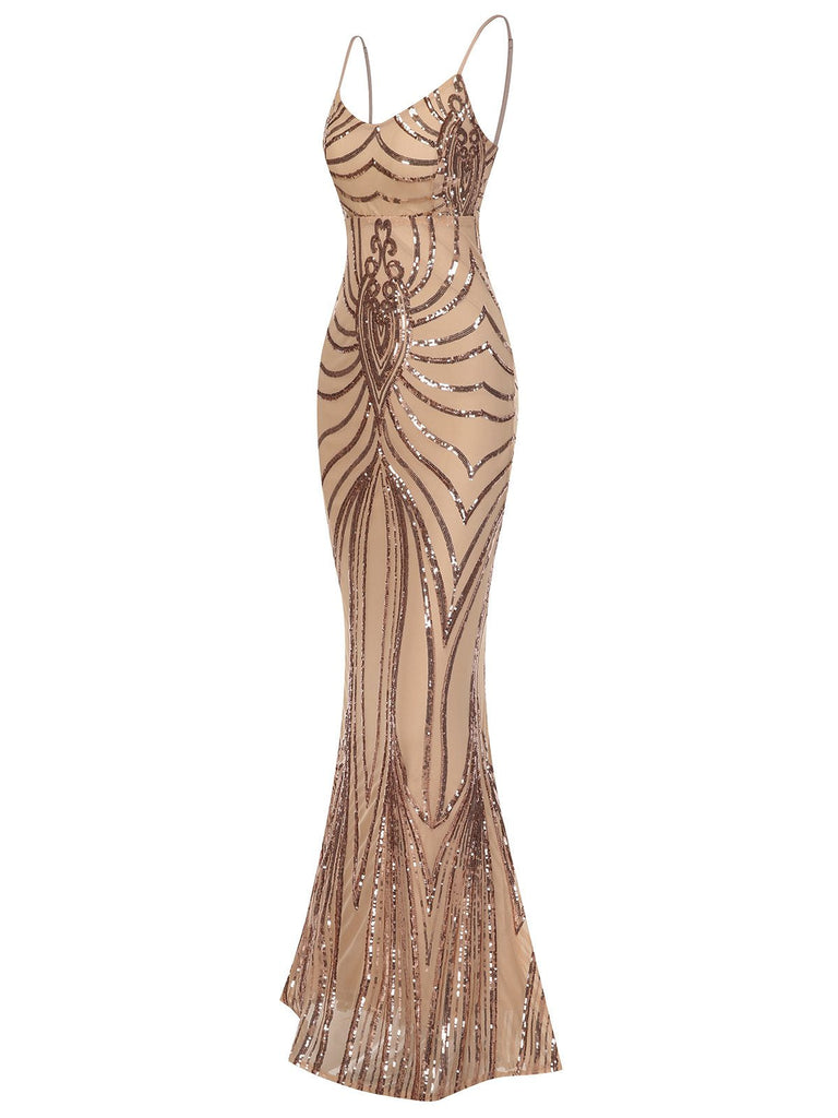 1930er Schnürung Rückenfrei Pailletten Maxi Kleid