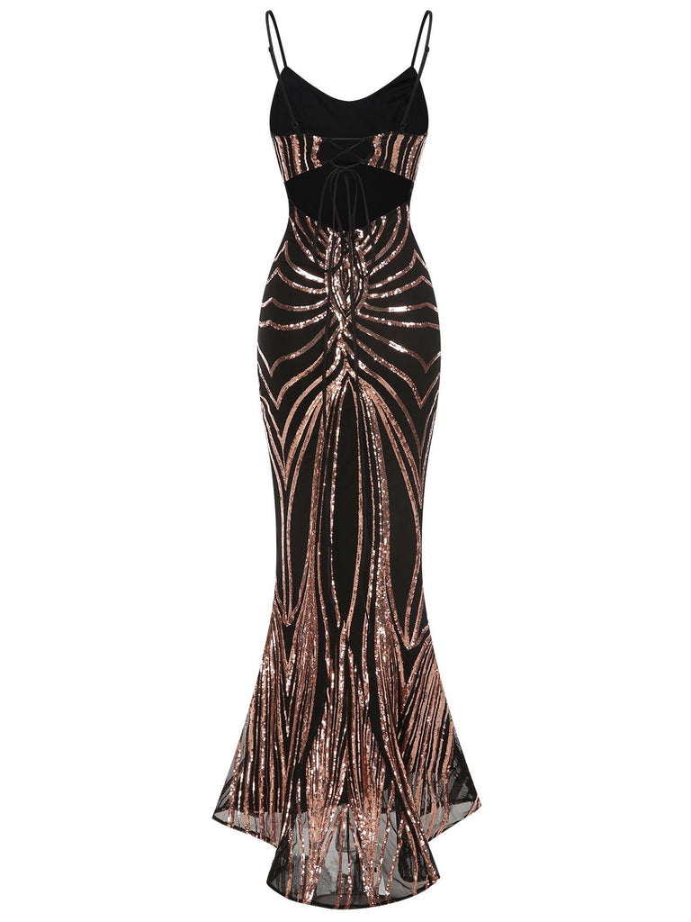 1930er Schnürung Rückenfrei Pailletten Maxi Kleid