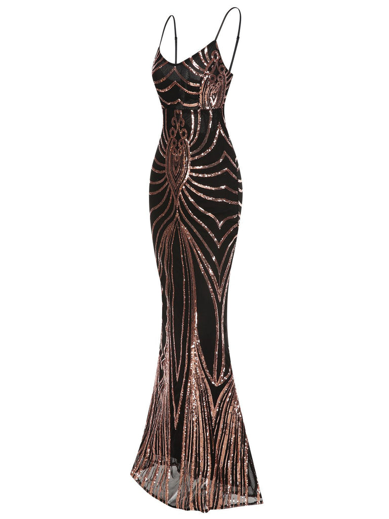 1930er Schnürung Rückenfrei Pailletten Maxi Kleid