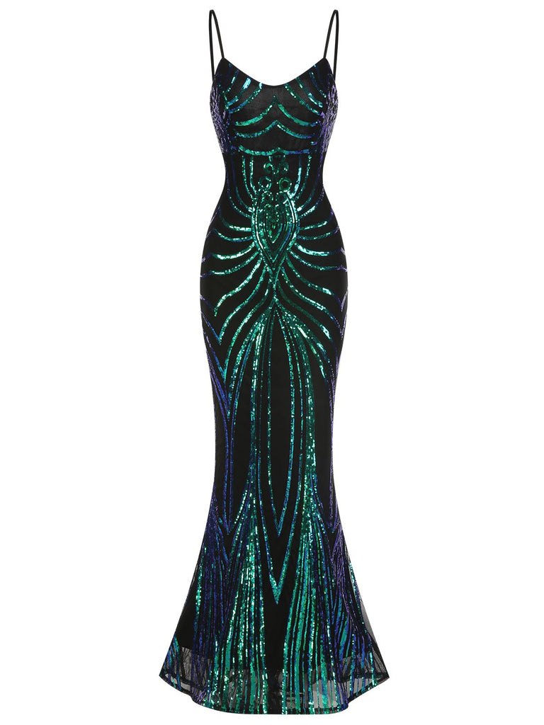 1930er Schnürung Rückenfrei Pailletten Maxi Kleid