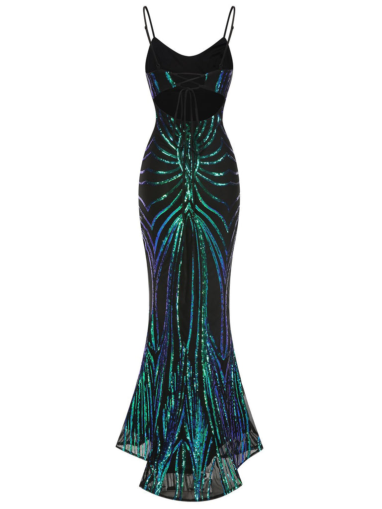 1930er Schnürung Rückenfrei Pailletten Maxi Kleid