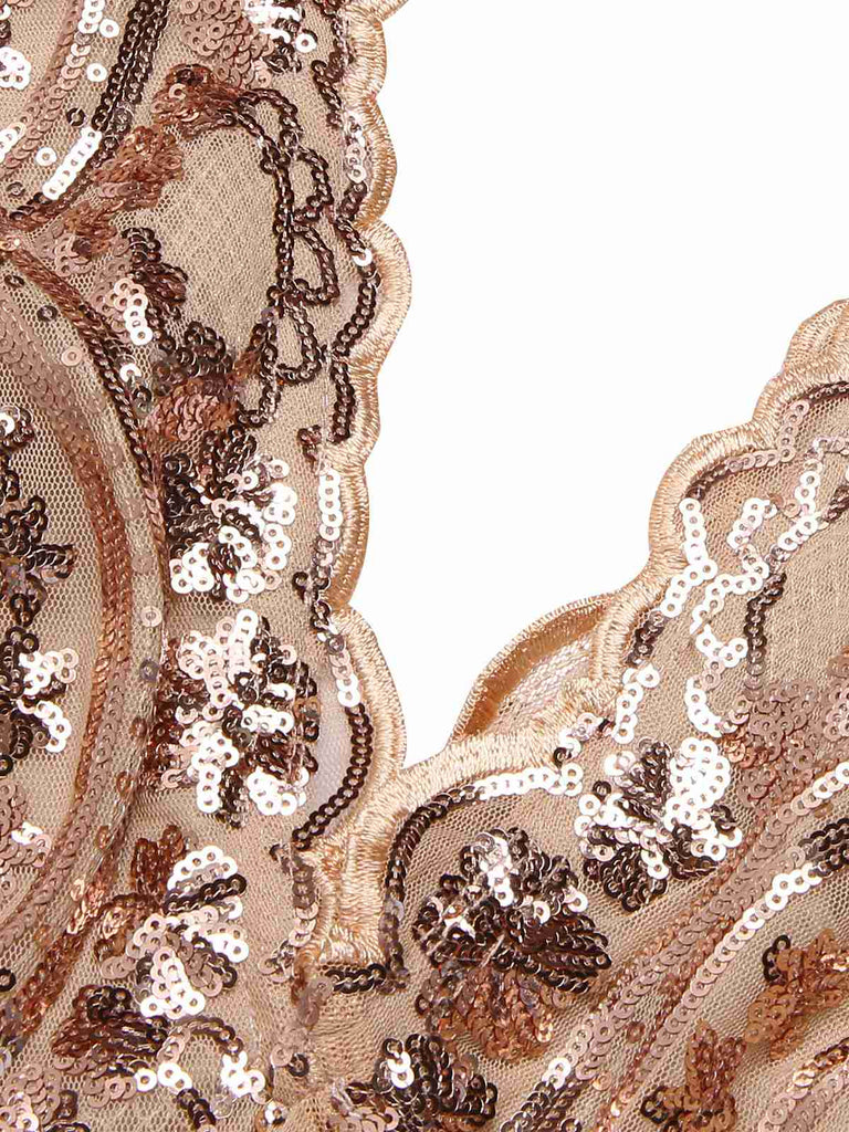 1920er Tiefer V-Ausschnitt Masche Pailletten Maxi Kleid