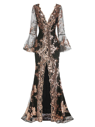 1920er Tiefer V-Ausschnitt Masche Pailletten Maxi Kleid