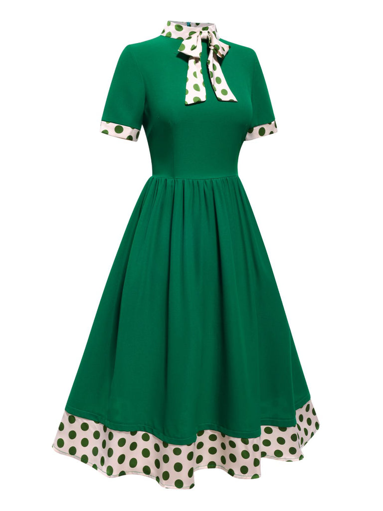 [Vorverkauf] Grün 1950er Krawattenhals Polka Dots Kleid