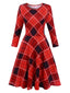 Rot 1950er Rundhals Plaid Halbe Ärmel Kleid