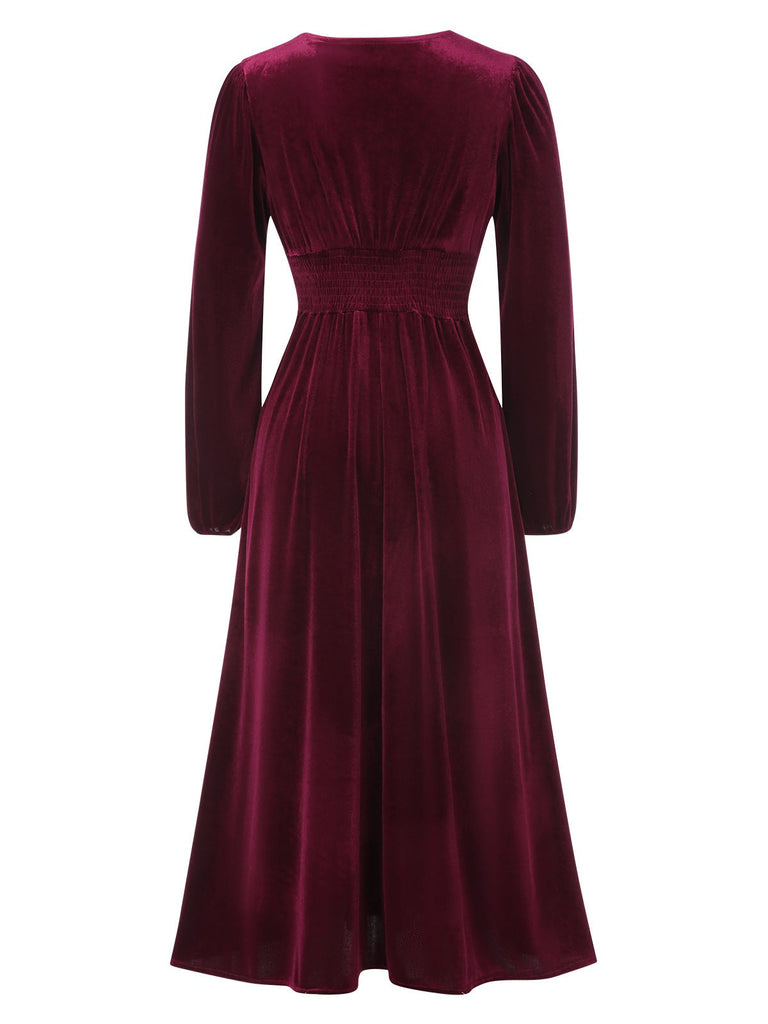 Weinrot 1940er Spitze Patchwork Samt Kleid