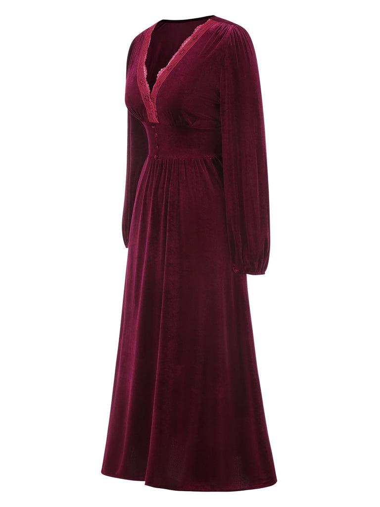 Weinrot 1940er Spitze Patchwork Samt Kleid